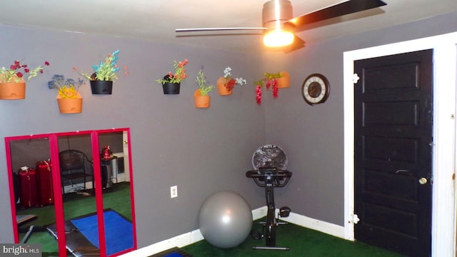 game room featuring carpet and ceiling fan