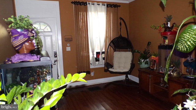 entrance foyer with hardwood / wood-style flooring and crown molding