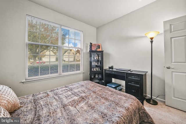 carpeted bedroom with vaulted ceiling