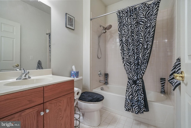 full bathroom with toilet, vanity, shower / bath combination with curtain, and tile patterned floors