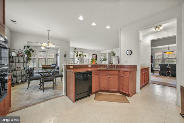 kitchen featuring sink, an inviting chandelier, light colored carpet, pendant lighting, and black dishwasher