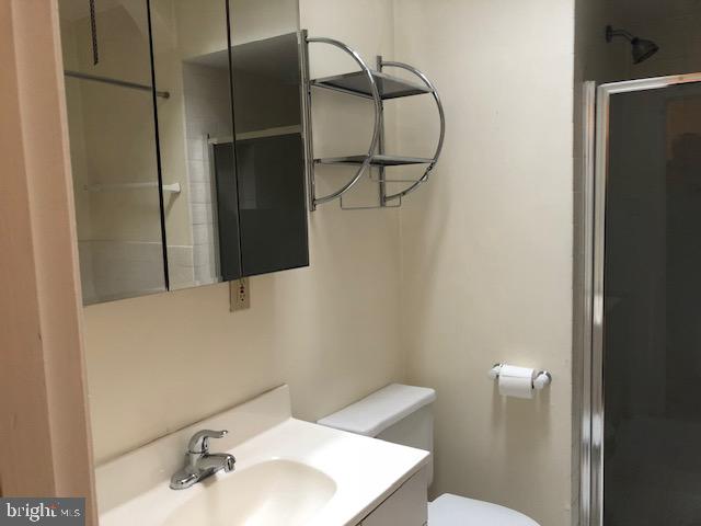 bathroom with vanity, toilet, and a shower with shower door