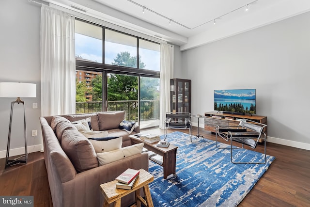 living room with track lighting, plenty of natural light, and dark wood-type flooring