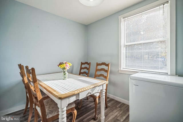 dining area featuring dark wood-type flooring and plenty of natural light