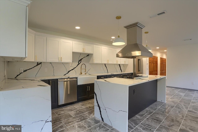 kitchen featuring white cabinetry, a center island, sink, island range hood, and appliances with stainless steel finishes