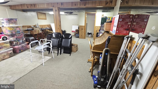 basement with carpet flooring