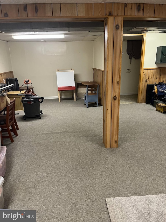 basement with wood walls, carpet floors, and electric panel