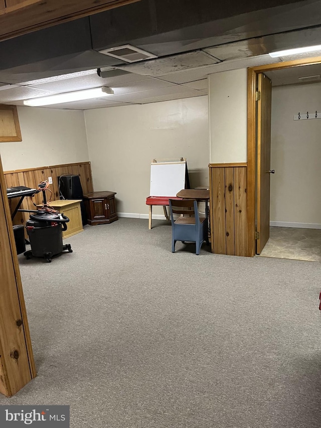 basement featuring wooden walls and carpet floors