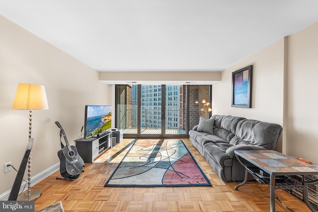 living room featuring light parquet floors