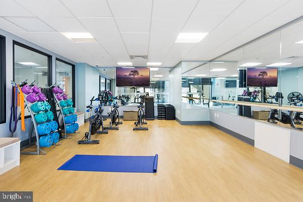 exercise room featuring hardwood / wood-style flooring and a paneled ceiling