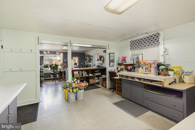 interior space featuring light countertops, light floors, and gray cabinets
