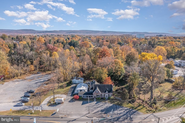 aerial view featuring a wooded view