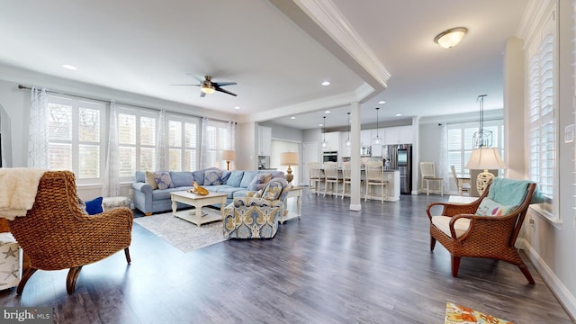 living room with ceiling fan, dark hardwood / wood-style flooring, and ornamental molding