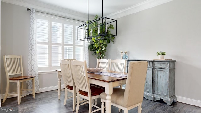 dining space with a wealth of natural light, crown molding, and dark hardwood / wood-style flooring