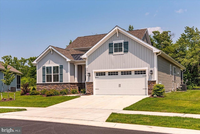 craftsman-style home with central AC unit and a front lawn