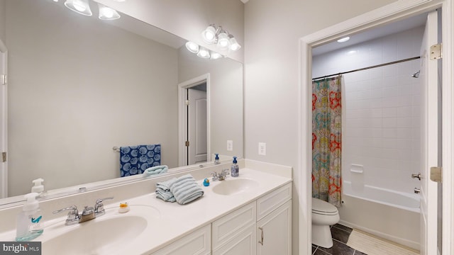 full bathroom featuring vanity, tile patterned floors, toilet, and shower / bath combination with curtain