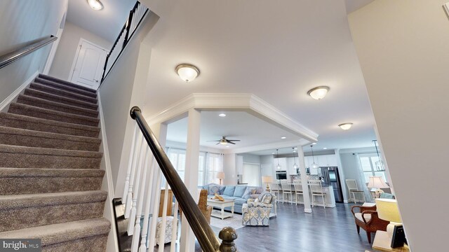 stairway with hardwood / wood-style flooring and ceiling fan