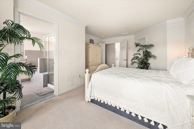 carpeted bedroom with crown molding