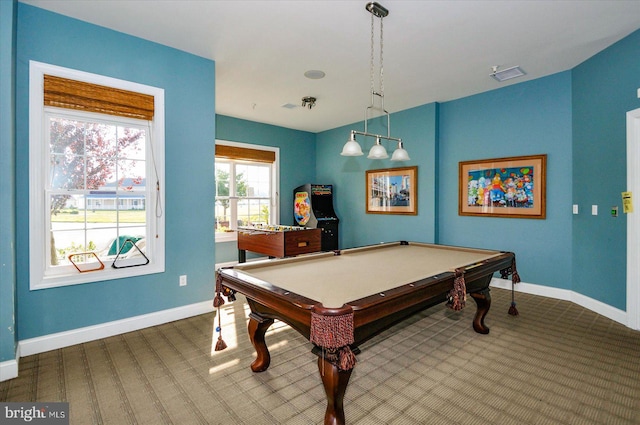 recreation room with billiards and carpet