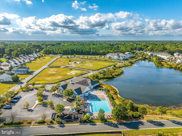 bird's eye view with a water view