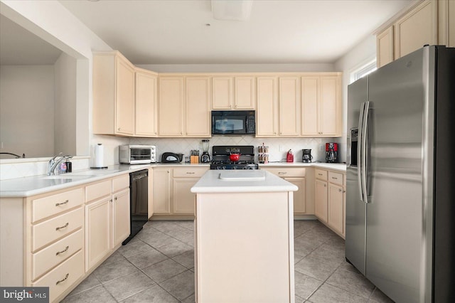 kitchen with a center island, decorative backsplash, kitchen peninsula, black appliances, and light tile patterned floors