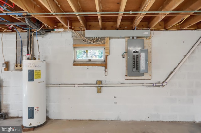 utility room featuring water heater and electric panel