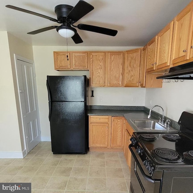 kitchen featuring premium range hood, black appliances, sink, ceiling fan, and light tile patterned floors