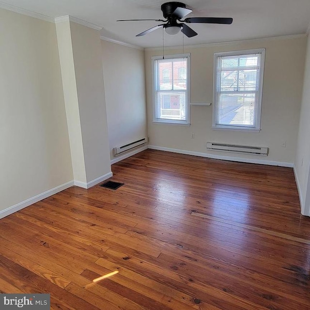 unfurnished room featuring dark hardwood / wood-style floors, ceiling fan, crown molding, and baseboard heating