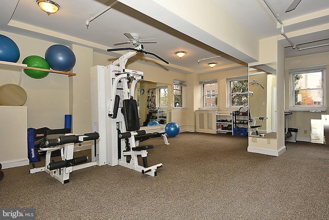 workout area with ceiling fan