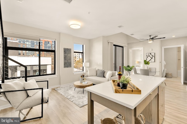 living room with light hardwood / wood-style floors and ceiling fan