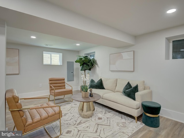 living room featuring electric panel and hardwood / wood-style flooring