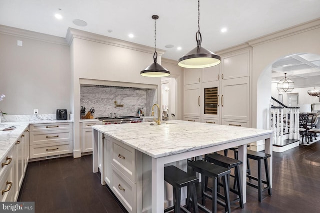 4825 Dexter Ter NW, Washington, DC 20007 - kitchen with light stone counters, ornamental molding, a sink, a kitchen island with sink, and arched walkways