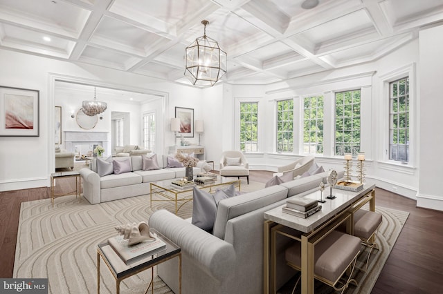 living room with beam ceiling, coffered ceiling, a healthy amount of sunlight, and dark hardwood / wood-style floors