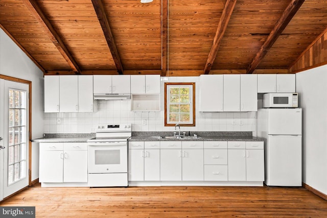 kitchen with white cabinetry, light hardwood / wood-style flooring, sink, and white appliances