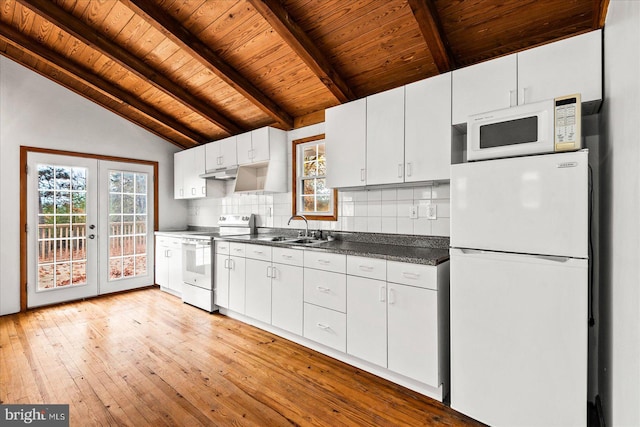 kitchen featuring french doors, light hardwood / wood-style floors, sink, white cabinetry, and white appliances