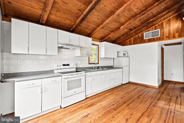 kitchen with vaulted ceiling with beams, wood ceiling, light hardwood / wood-style floors, white cabinets, and white appliances