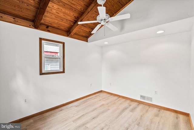 spare room with light hardwood / wood-style floors, vaulted ceiling with beams, ceiling fan, and wood ceiling