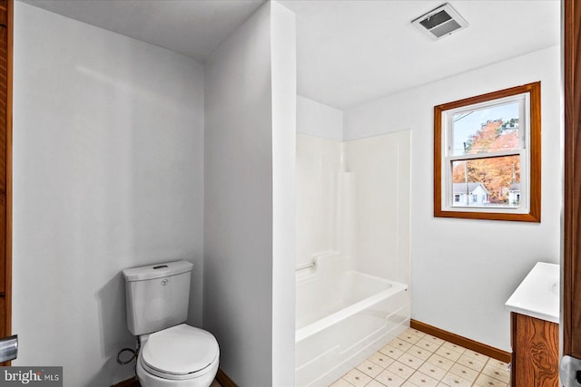 full bathroom with vanity, toilet, and bathing tub / shower combination