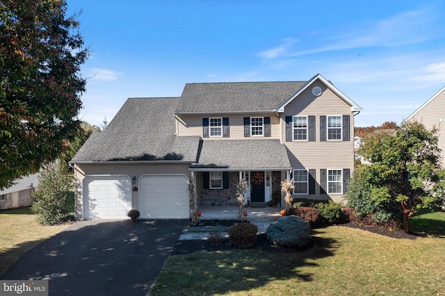 view of front of property with a front yard and a garage