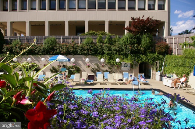 view of swimming pool with a patio