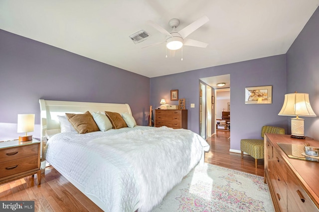 bedroom featuring ceiling fan and light hardwood / wood-style floors