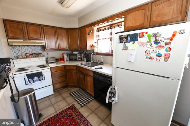 kitchen featuring black appliances, sink, tasteful backsplash, and light tile patterned flooring