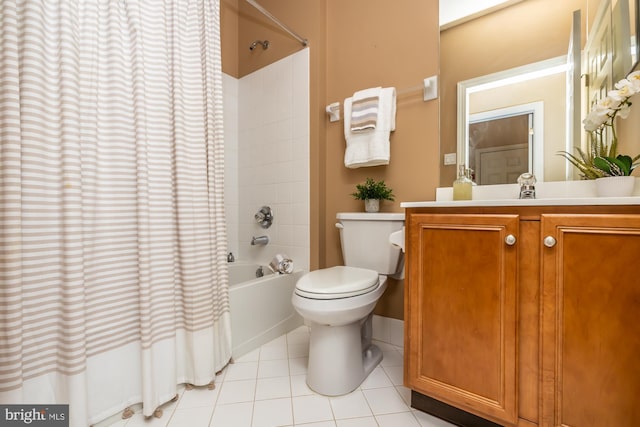 full bathroom with toilet, vanity, tile patterned floors, and shower / bathtub combination with curtain