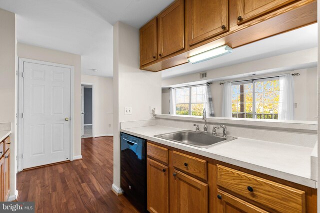 kitchen with sink, black dishwasher, and dark hardwood / wood-style floors