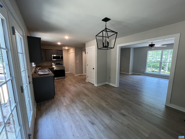 kitchen with hardwood / wood-style flooring, ceiling fan with notable chandelier, sink, and appliances with stainless steel finishes