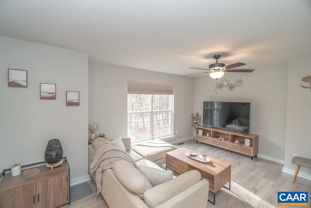 living room featuring light wood-type flooring and ceiling fan