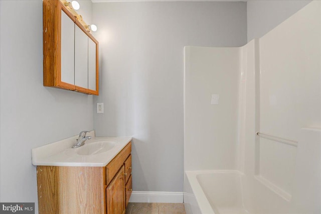 bathroom with tile patterned floors, plus walk in shower, and vanity