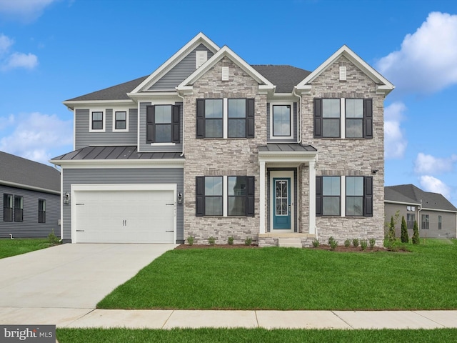 craftsman-style home with a garage and a front lawn