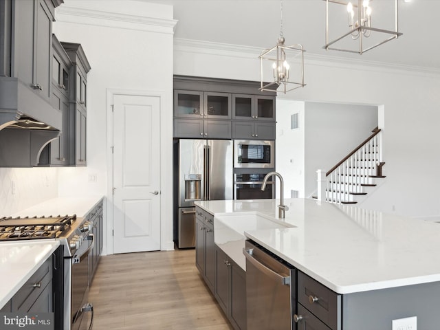 kitchen featuring a center island with sink, crown molding, decorative light fixtures, premium appliances, and light hardwood / wood-style floors