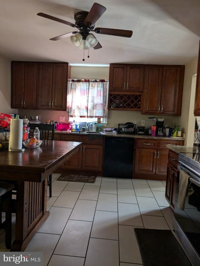 kitchen with ceiling fan, stainless steel electric range, black dishwasher, and light tile patterned floors